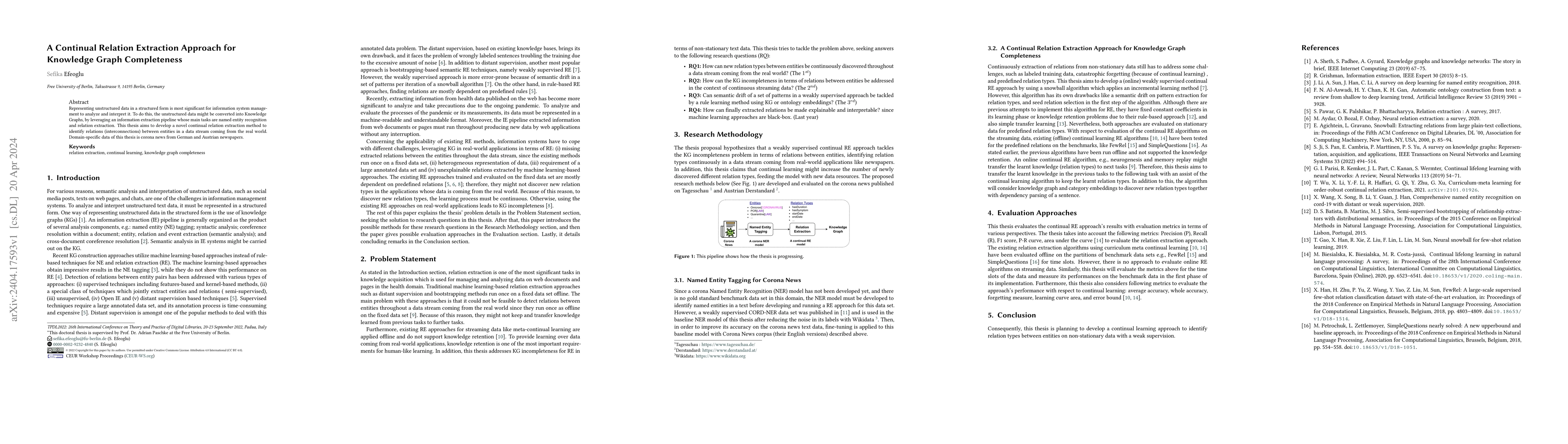 Thumbnail for A Continual Relation Extraction Approach for Knowledge Graph
  Completeness