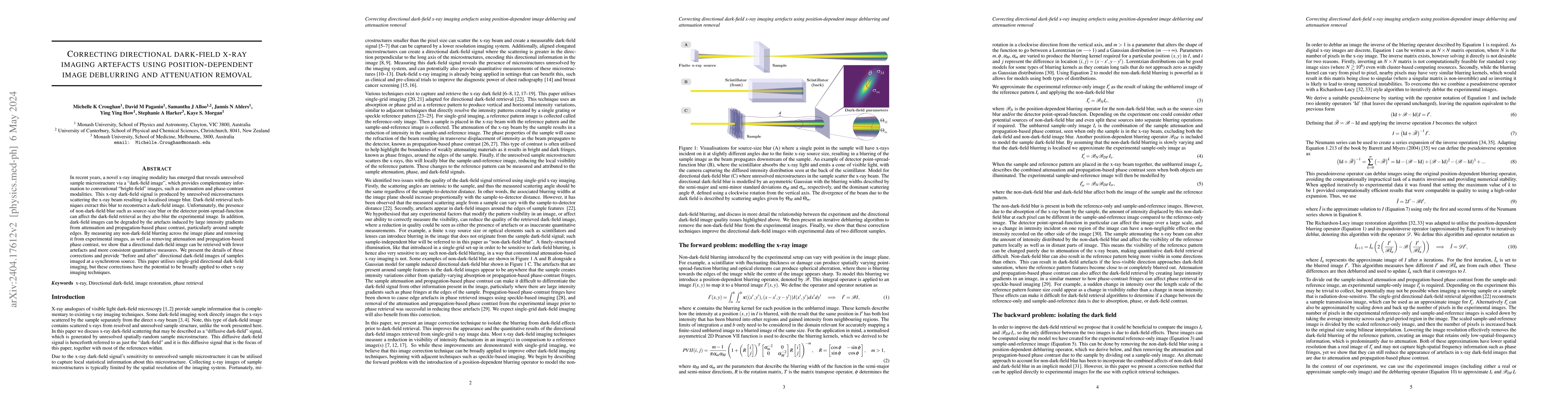 Thumbnail for Correcting directional dark-field x-ray imaging artefacts using
  position-dependent image deblurring and attenuation removal
