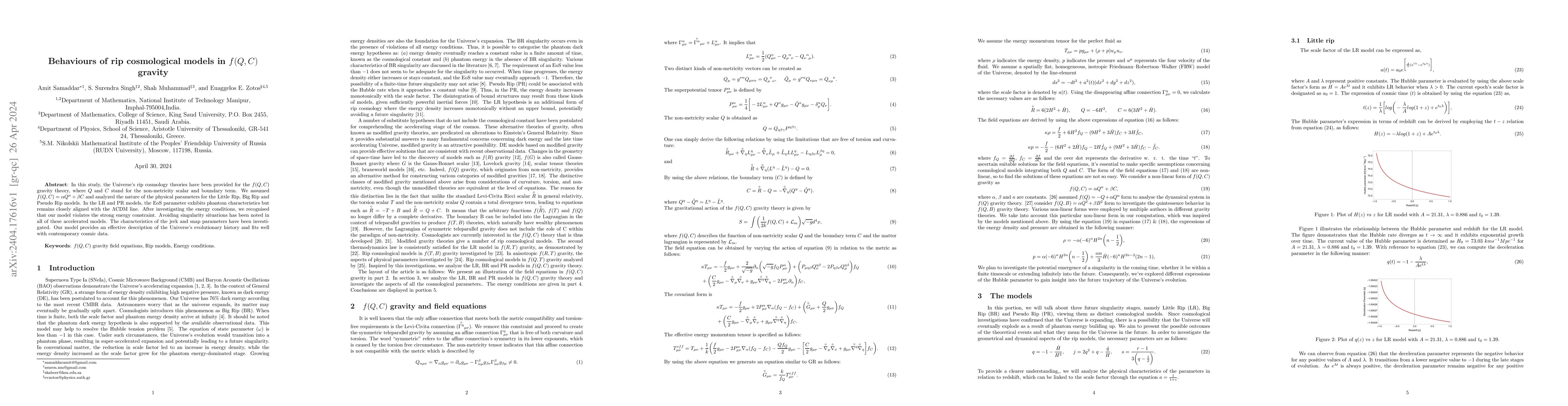 Thumbnail for Behaviours of rip cosmological models in $f(Q,C)$ gravity