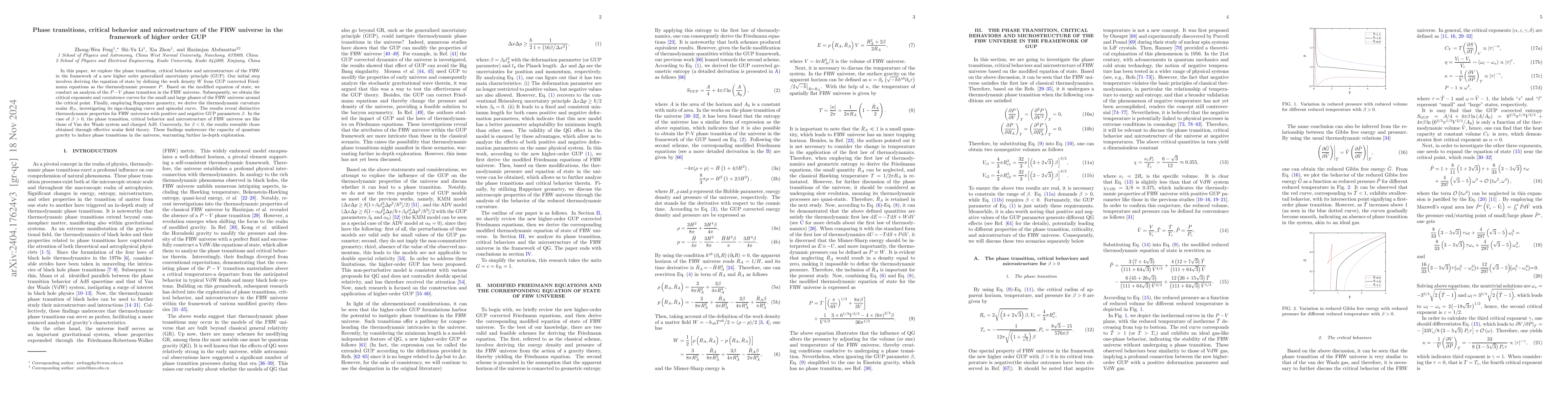 Thumbnail for Phase transitions, critical behavior and microstructure of the FRW
  universe in the framework of higher order GUP