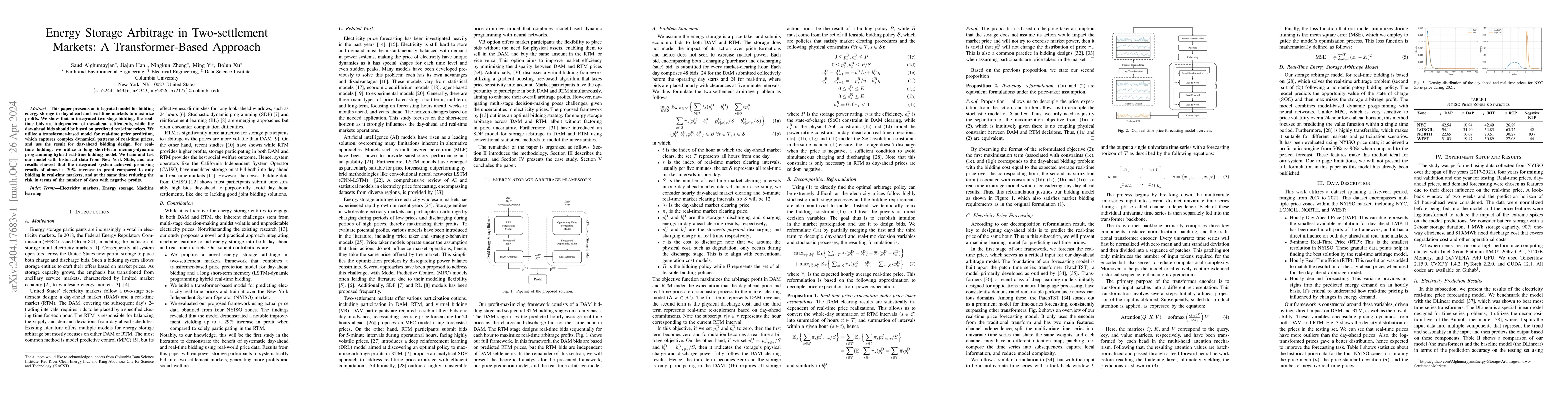 Thumbnail for Energy Storage Arbitrage in Two-settlement Markets: A Transformer-Based
  Approach