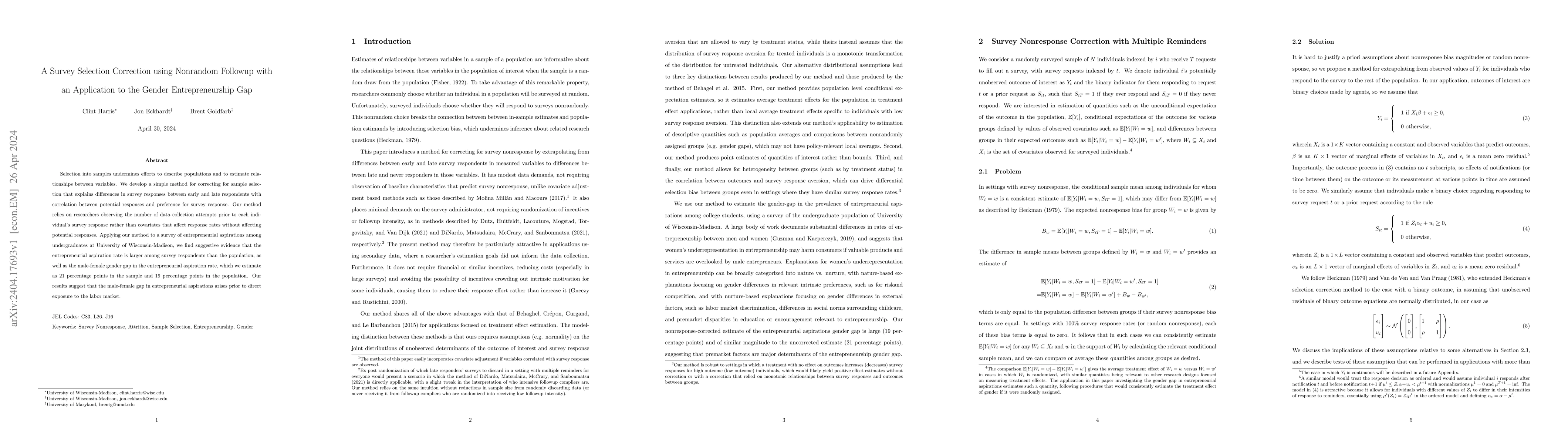 Thumbnail for A Survey Selection Correction using Nonrandom Followup with an
  Application to the Gender Entrepreneurship Gap