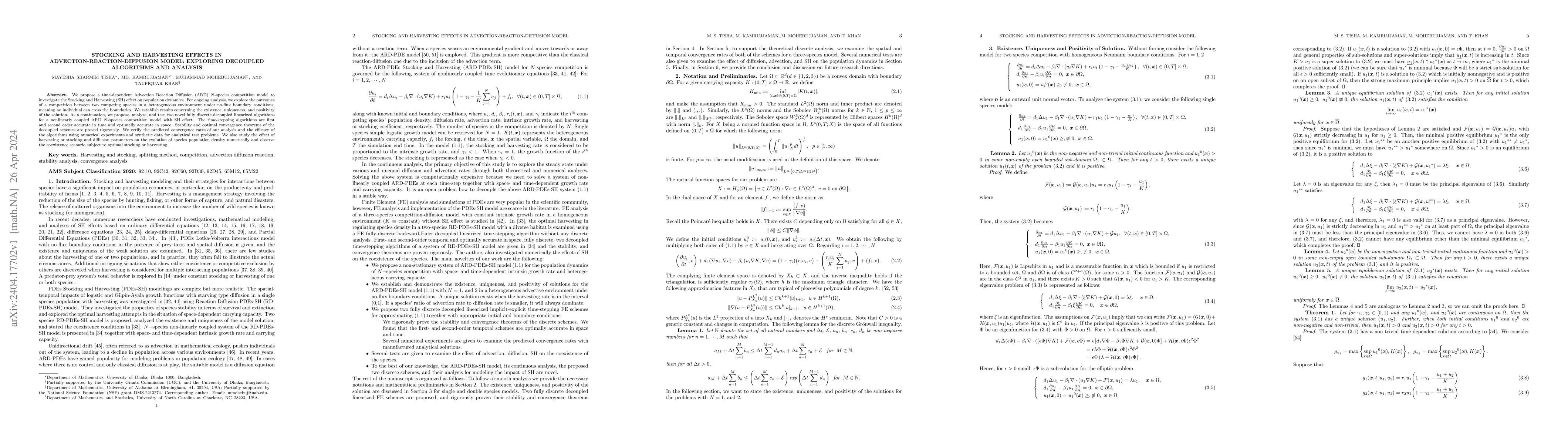Thumbnail for Stocking and Harvesting Effects in Advection-Reaction-Diffusion Model:
  Exploring Decoupled Algorithms and Analysis