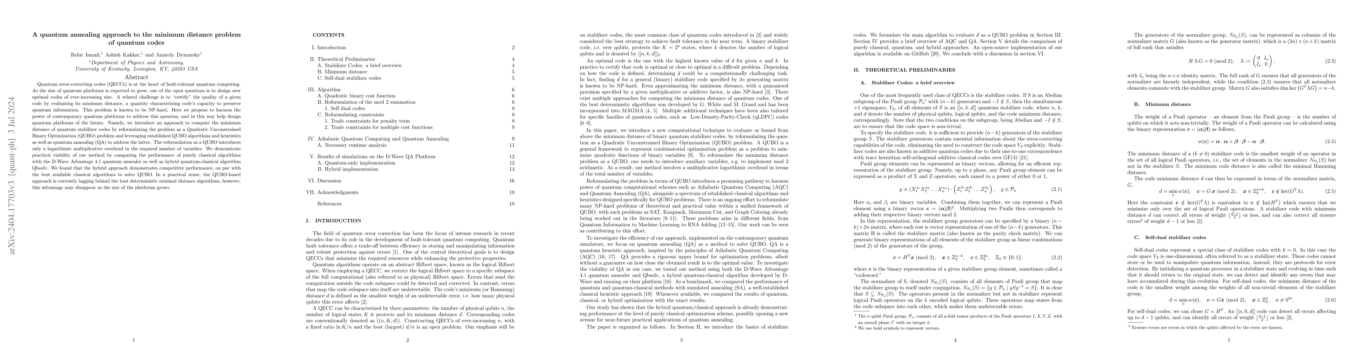Thumbnail for A quantum annealing approach to the minimum distance problem of quantum
  codes