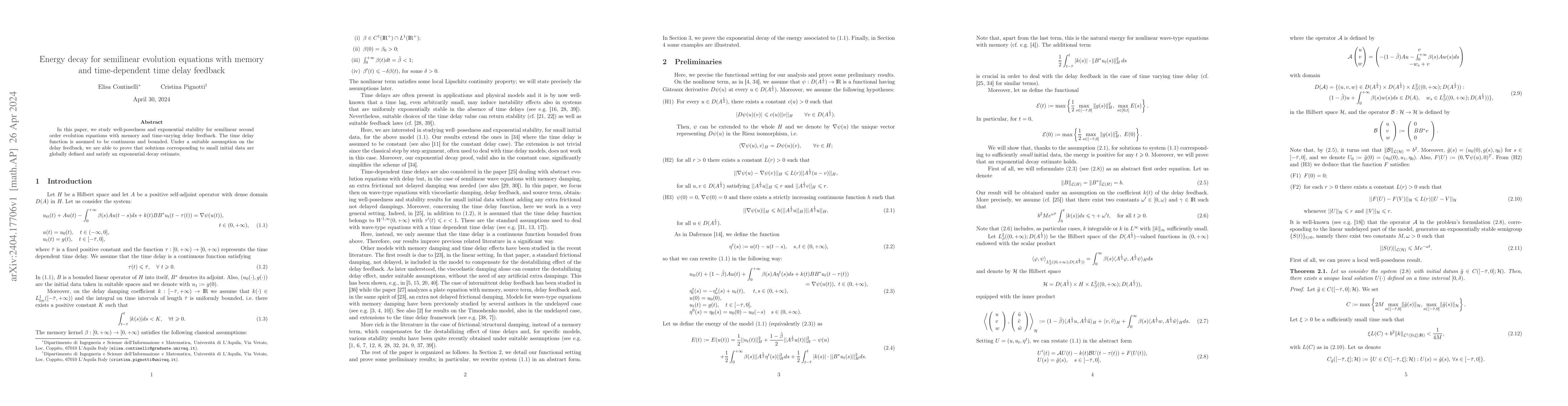 Thumbnail for Energy decay for semilinear evolution equations with memory and
  time-dependent time delay feedback