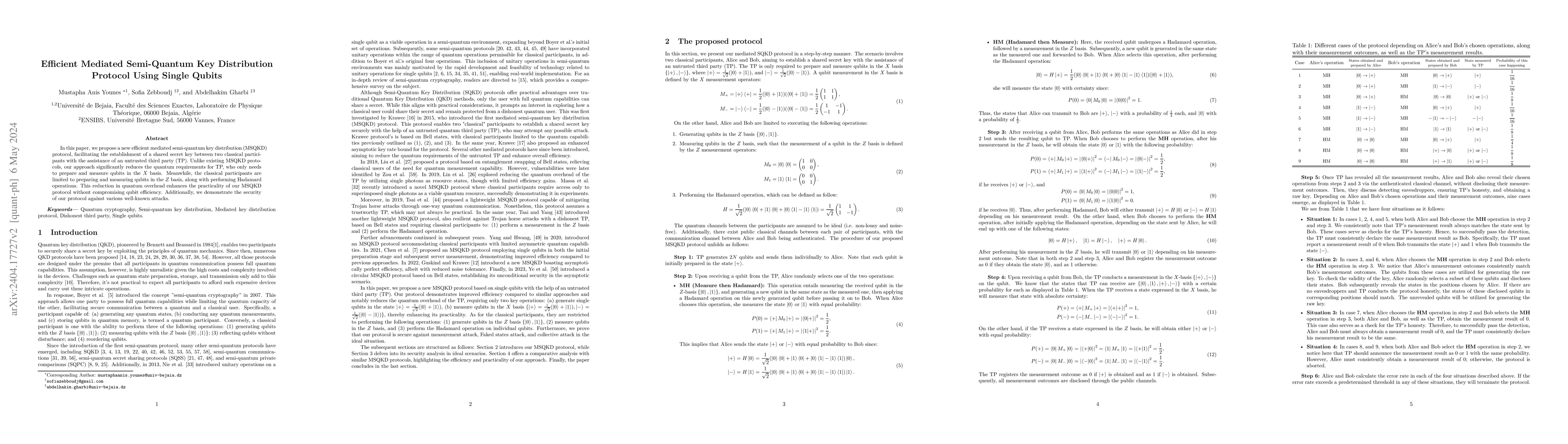 Thumbnail for Efficient Mediated Semi-Quantum Key Distribution Protocol Using Single
  Qubits