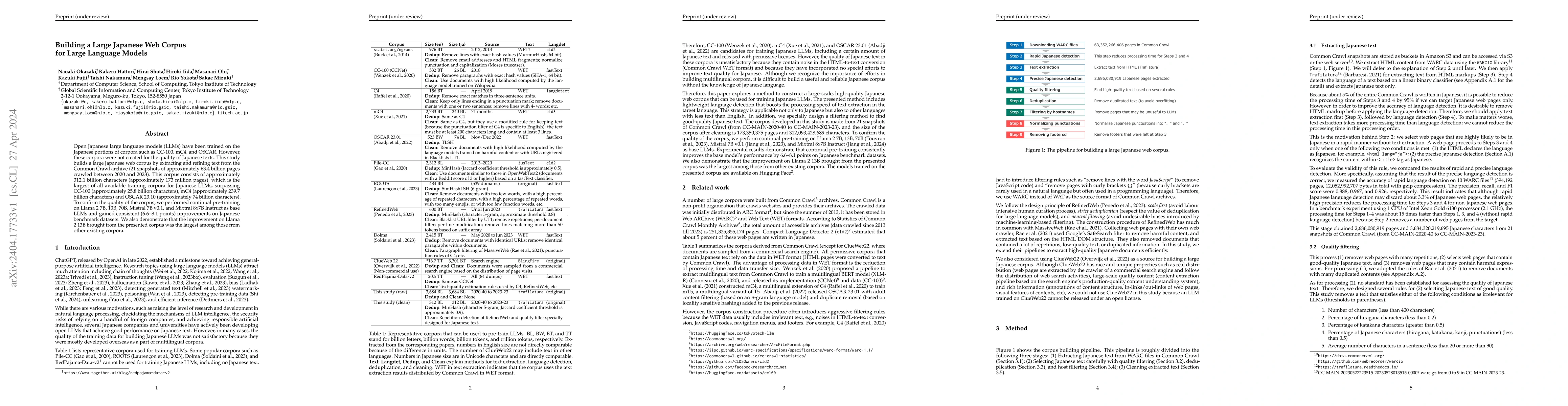 Thumbnail for Building a Large Japanese Web Corpus for Large Language Models