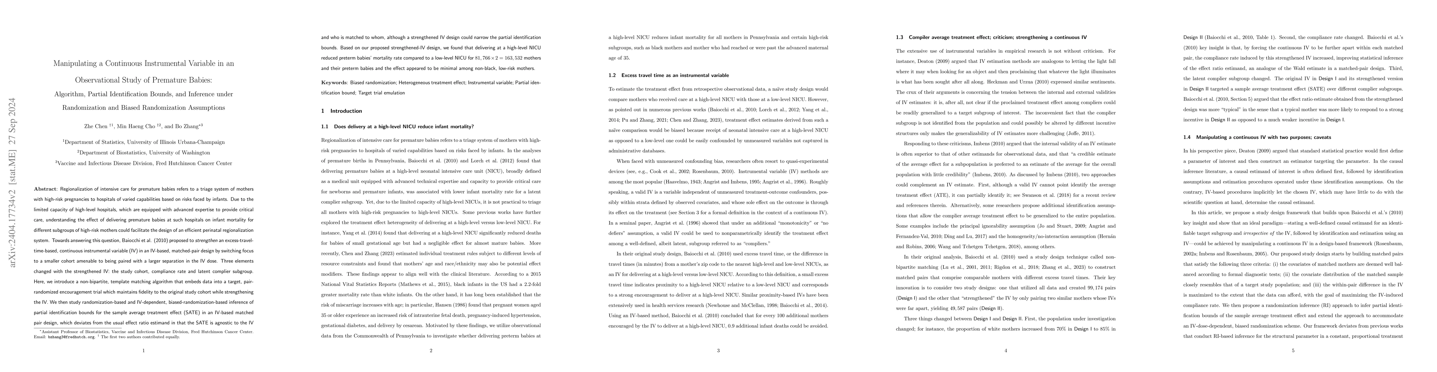 Thumbnail for Manipulating a Continuous Instrumental Variable in an Observational
  Study of Premature Babies: Algorithm, Partial Identification Bounds, and
  Inference under Randomization and Biased Randomization Assumptions