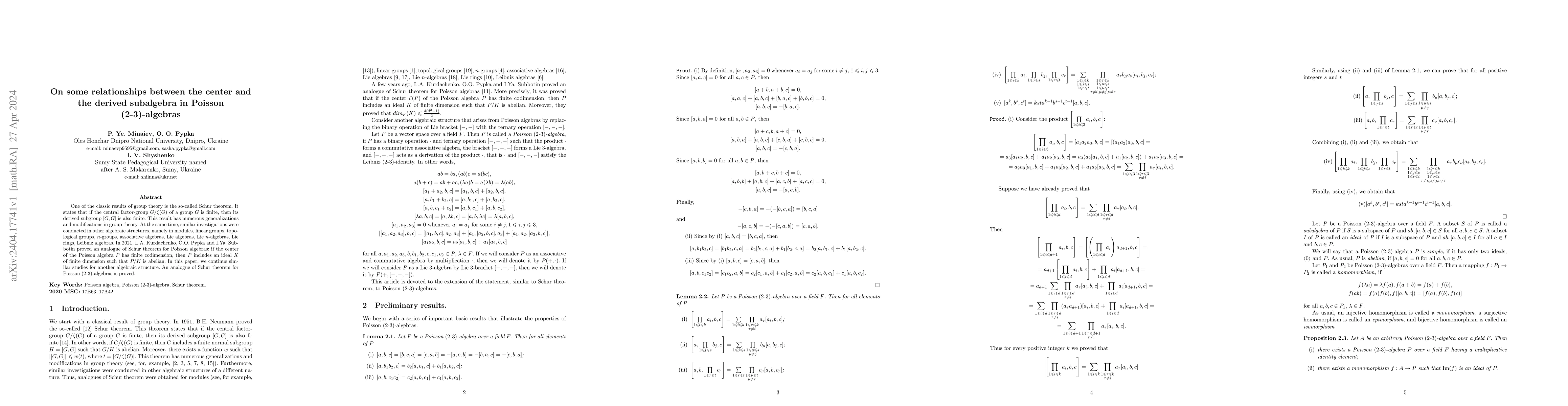 Thumbnail for On some relationships between the center and the derived subalgebra in
  Poisson (2-3)-algebras