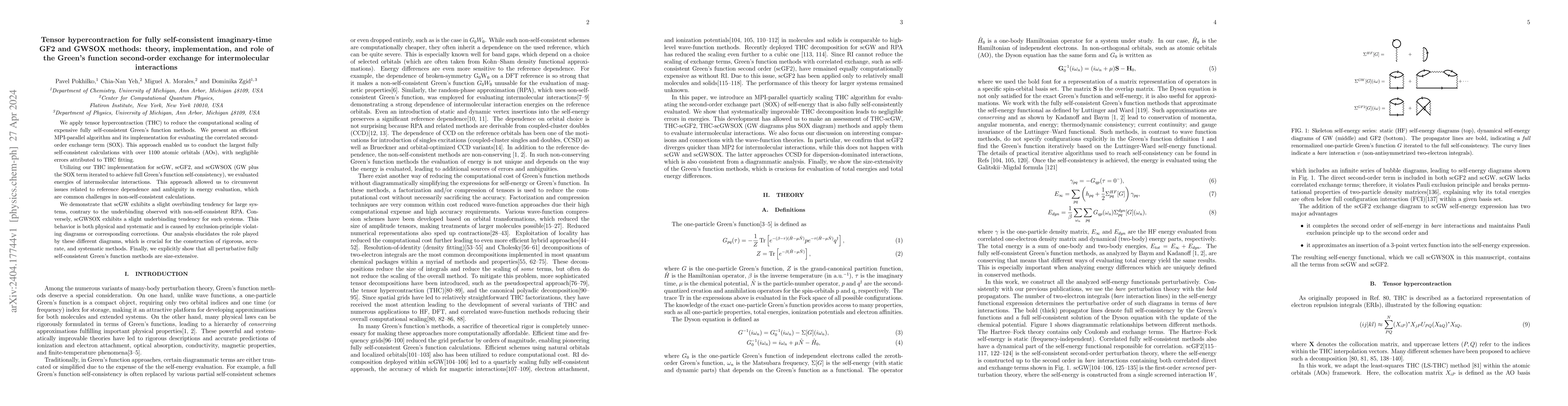 Thumbnail for Tensor hypercontraction for fully self-consistent imaginary-time GF2 and
  GWSOX methods: theory, implementation, and role of the Green's function
  second-order exchange for intermolecular interactions