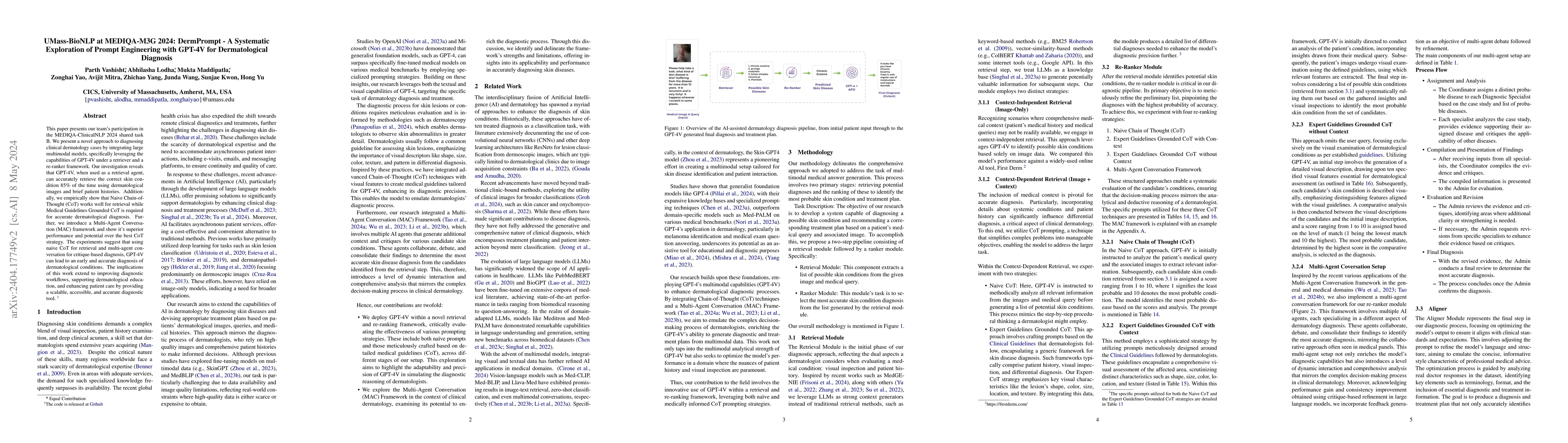Thumbnail for UMass-BioNLP at MEDIQA-M3G 2024: DermPrompt -- A Systematic Exploration
  of Prompt Engineering with GPT-4V for Dermatological Diagnosis