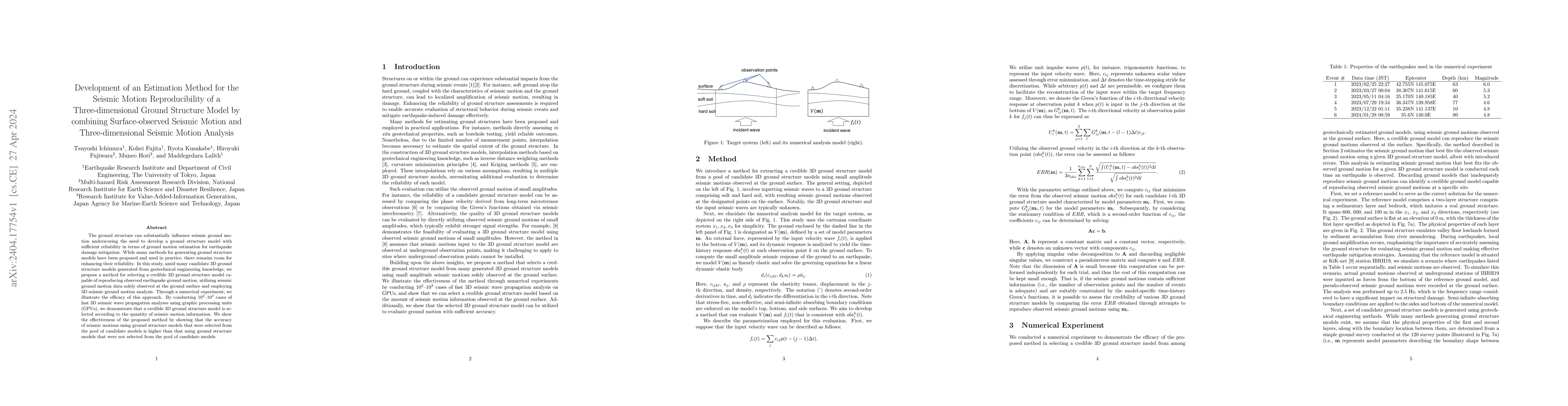 Thumbnail for Development of an Estimation Method for the Seismic Motion
  Reproducibility of a Three-dimensional Ground Structure Model by combining
  Surface-observed Seismic Motion and Three-dimensional Seismic Motion Analysis