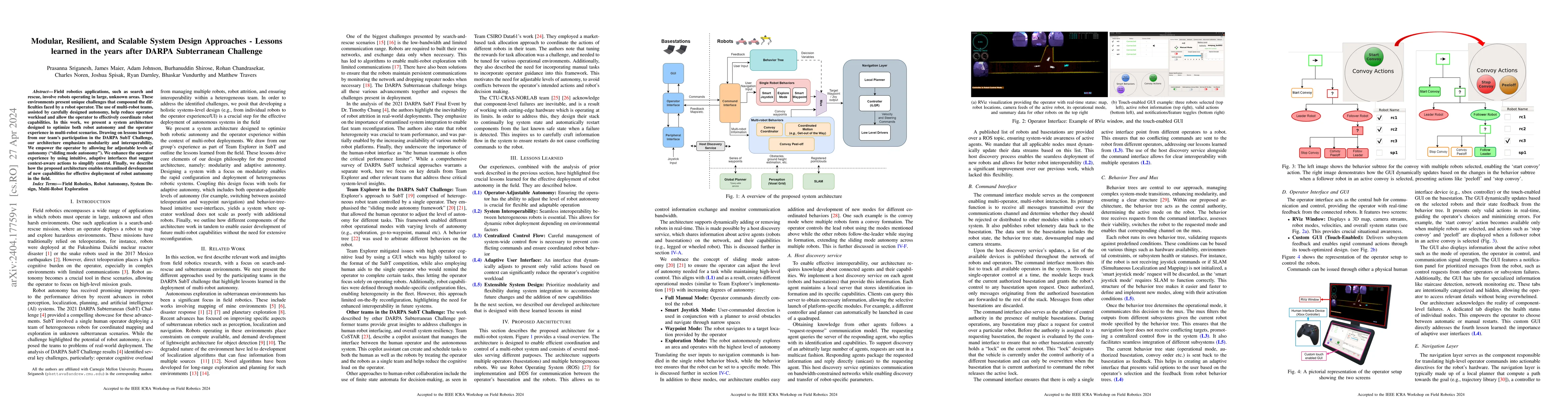Thumbnail for Modular, Resilient, and Scalable System Design Approaches -- Lessons
  learned in the years after DARPA Subterranean Challenge