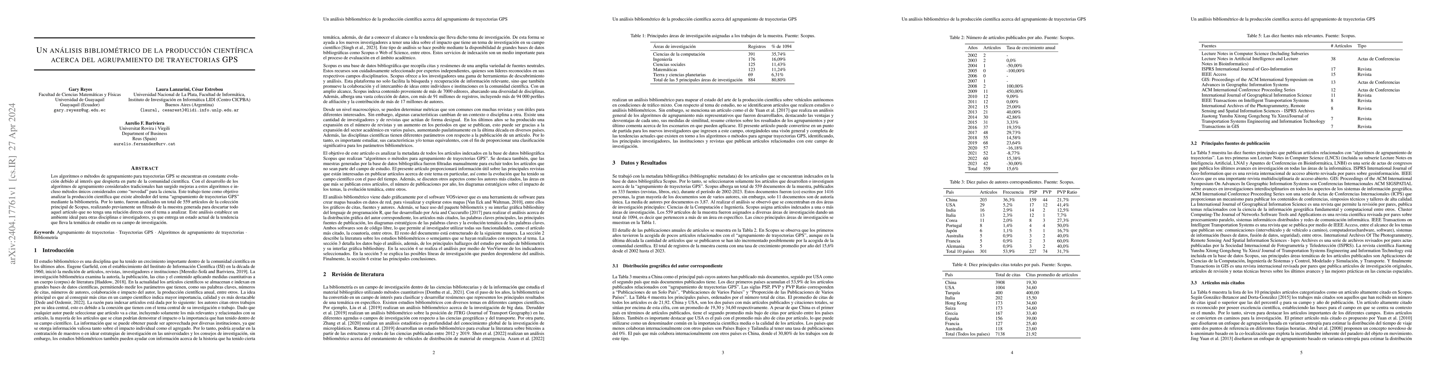 Thumbnail for Un an\'alisis bibliom\'etrico de la producci\'on cient\'ifica acerca del
  agrupamiento de trayectorias GPS
