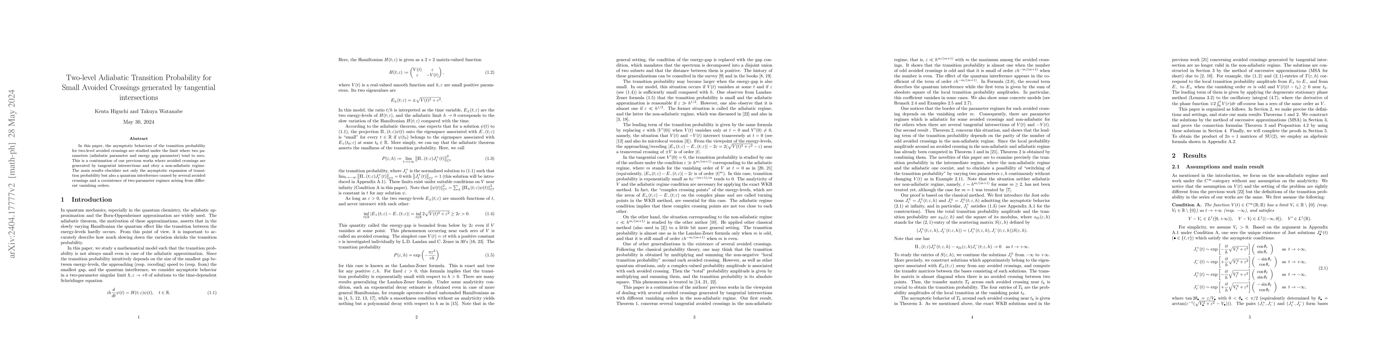 Thumbnail for Two-level adiabatic transition probability for small avoided crossings
  generated by tangential intersections