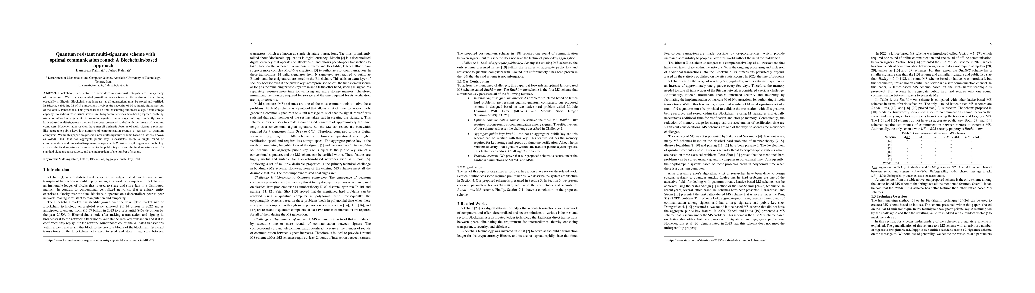 Thumbnail for Quantum resistant multi-signature scheme with optimal communication
  round: A Blockchain-based approach