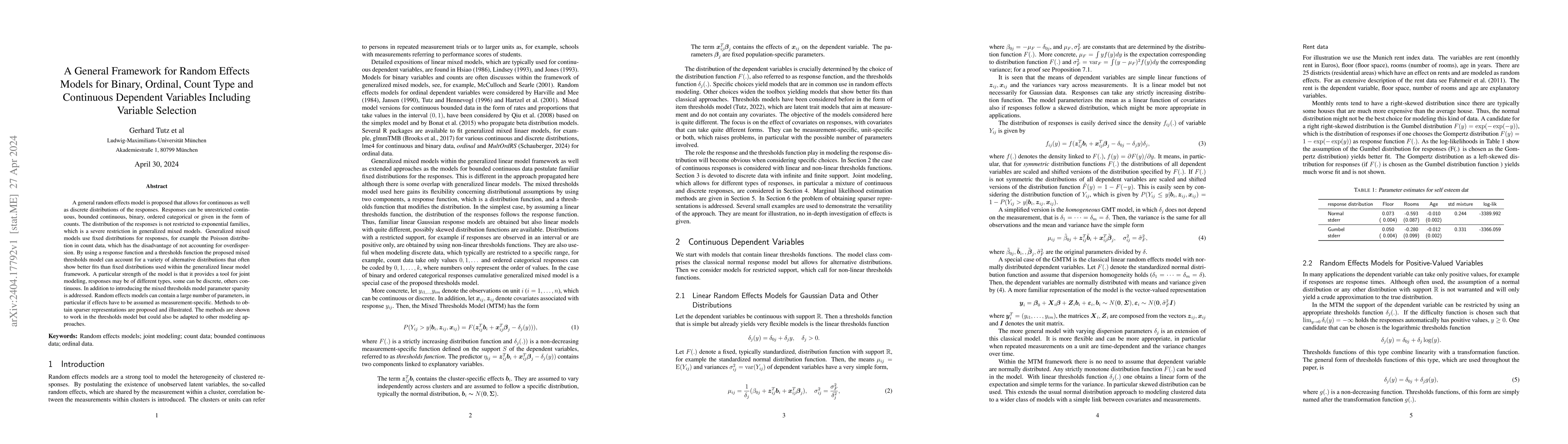Thumbnail for A General Framework for Random Effects Models for Binary, Ordinal, Count
  Type and Continuous Dependent Variables Including Variable Selection