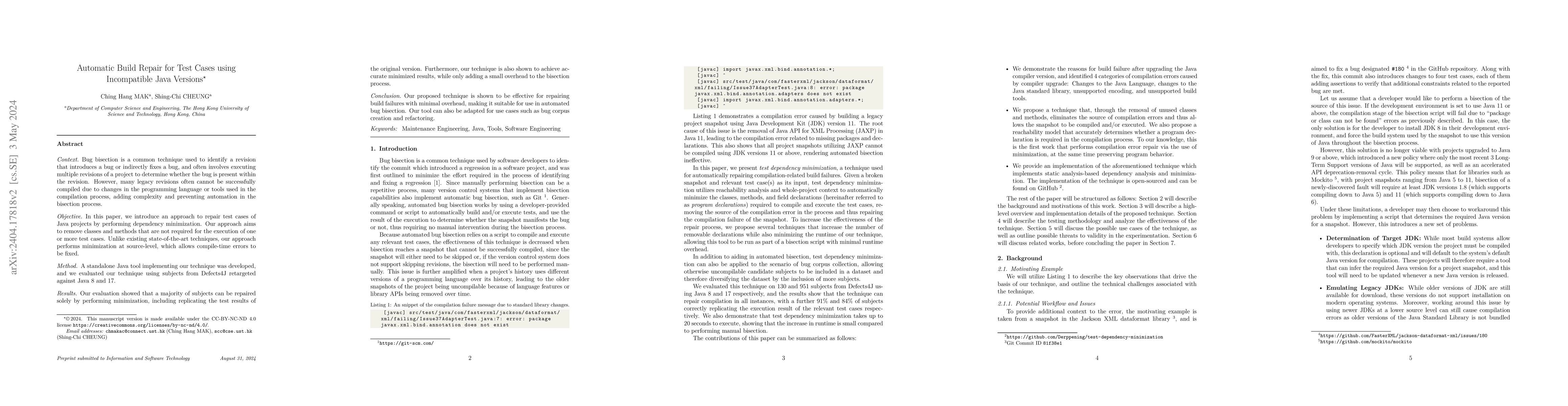 Thumbnail for Automatic Build Repair for Test Cases using Incompatible Java Versions