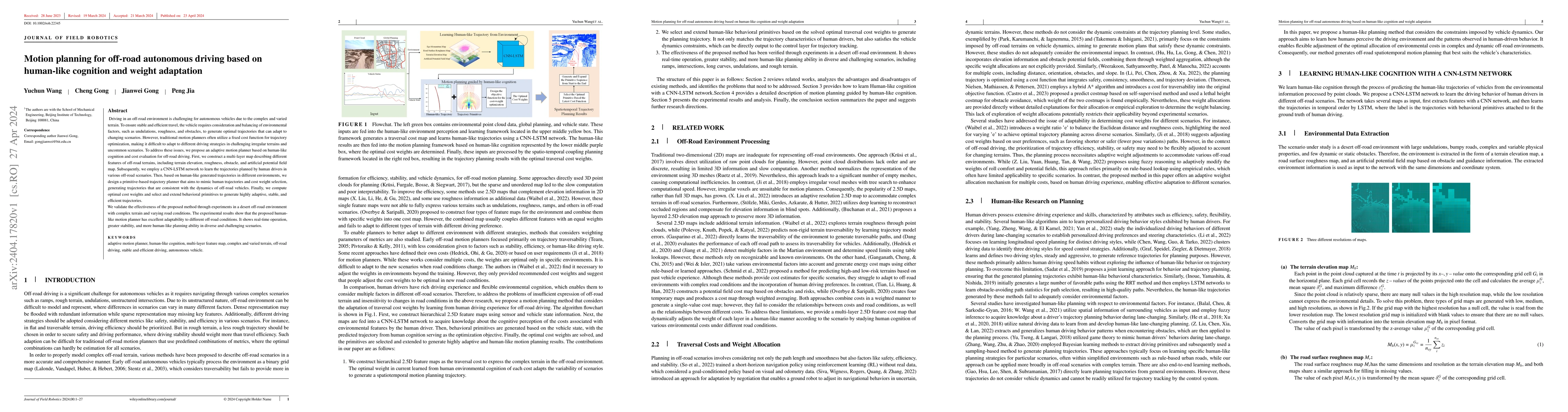 Thumbnail for Motion planning for off-road autonomous driving based on human-like
  cognition and weight adaptation