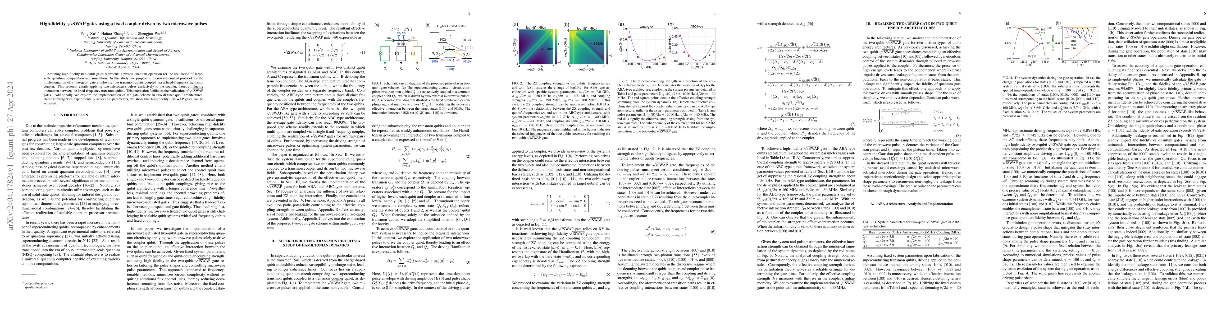 Thumbnail for High-fidelity $\sqrt{i\text{SWAP}}$ gates using a fixed coupler driven
  by two microwave pulses