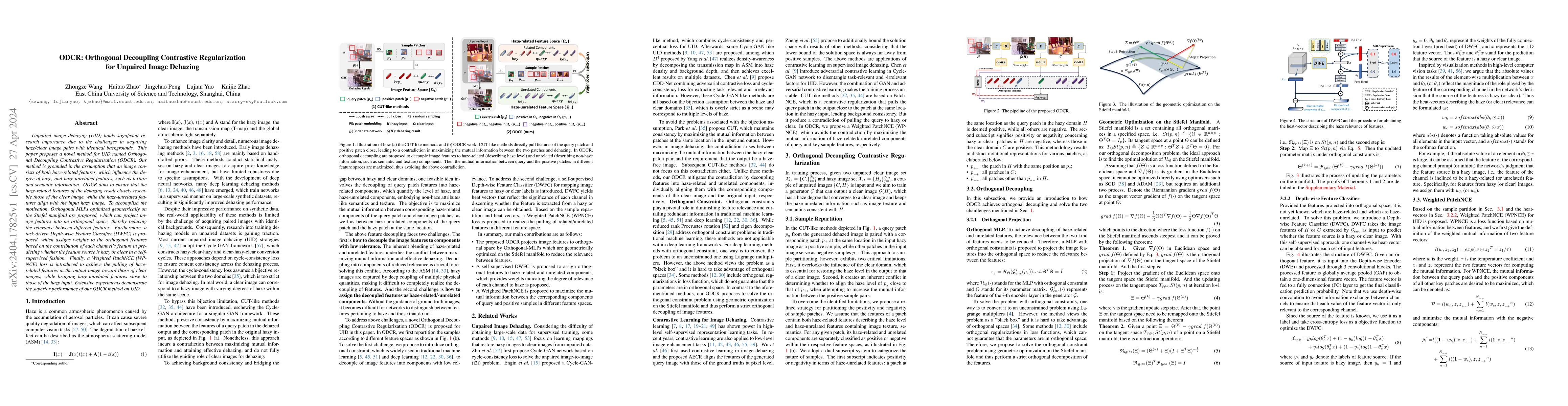 Thumbnail for ODCR: Orthogonal Decoupling Contrastive Regularization for Unpaired
  Image Dehazing