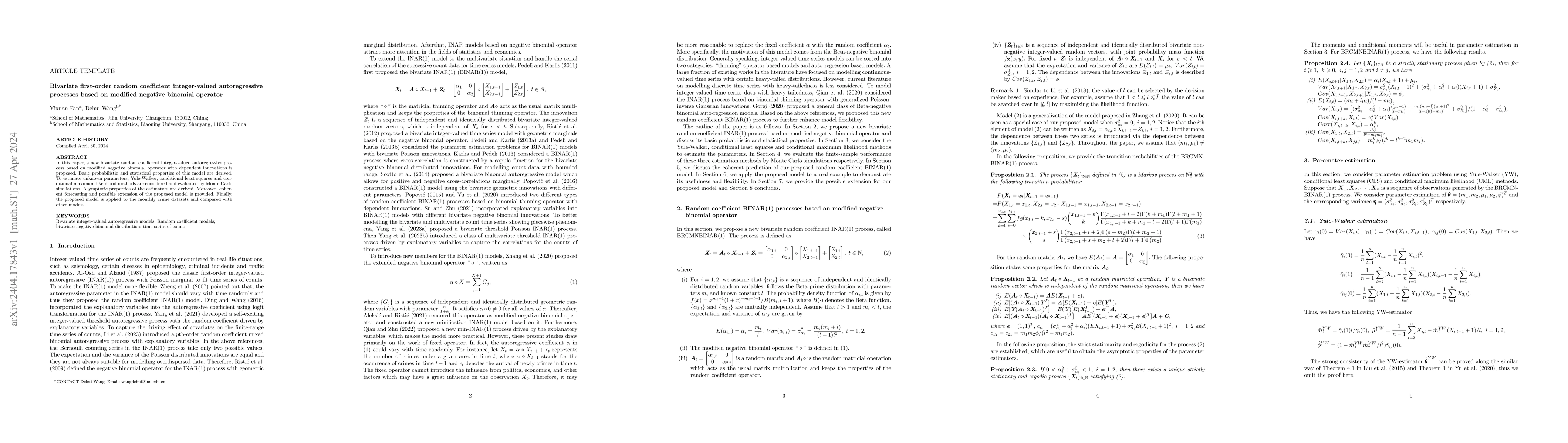 Thumbnail for Bivariate first-order random coefficient integer-valued autoregressive
  processes based on modified negative binomial operator