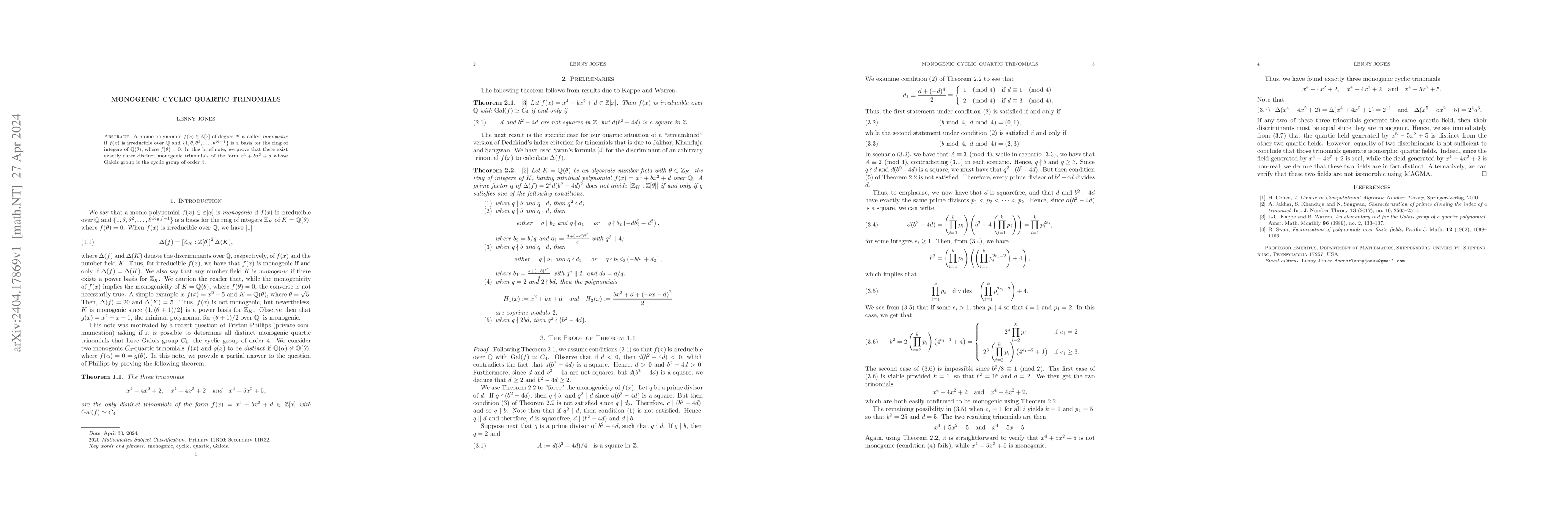 Thumbnail for Monogenic Cyclic Quartic Trinomials