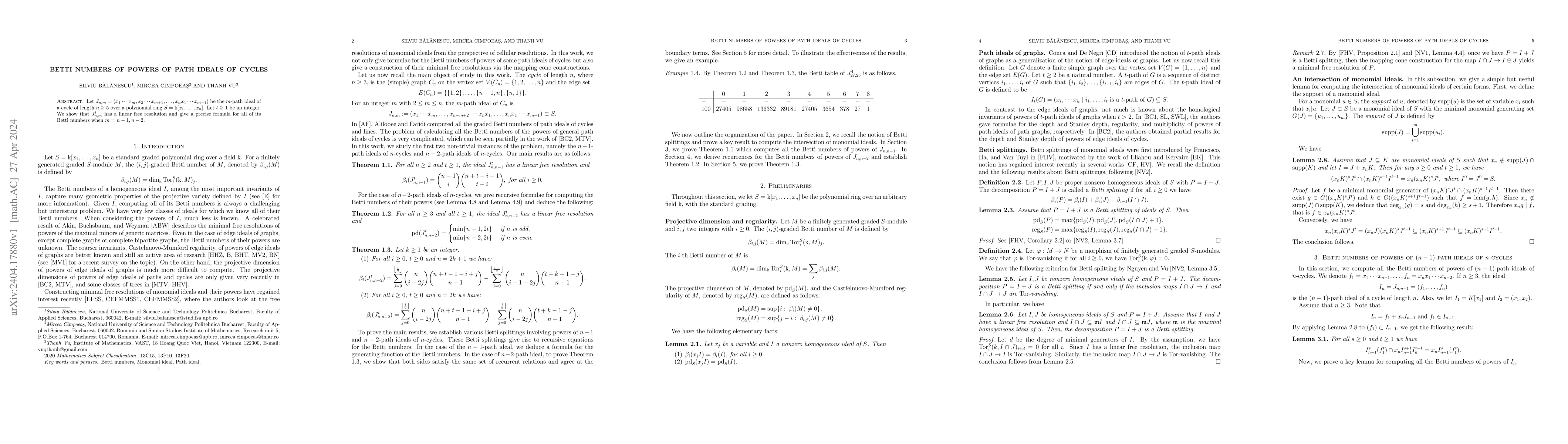 Thumbnail for Betti numbers of powers of path ideals of cycles
