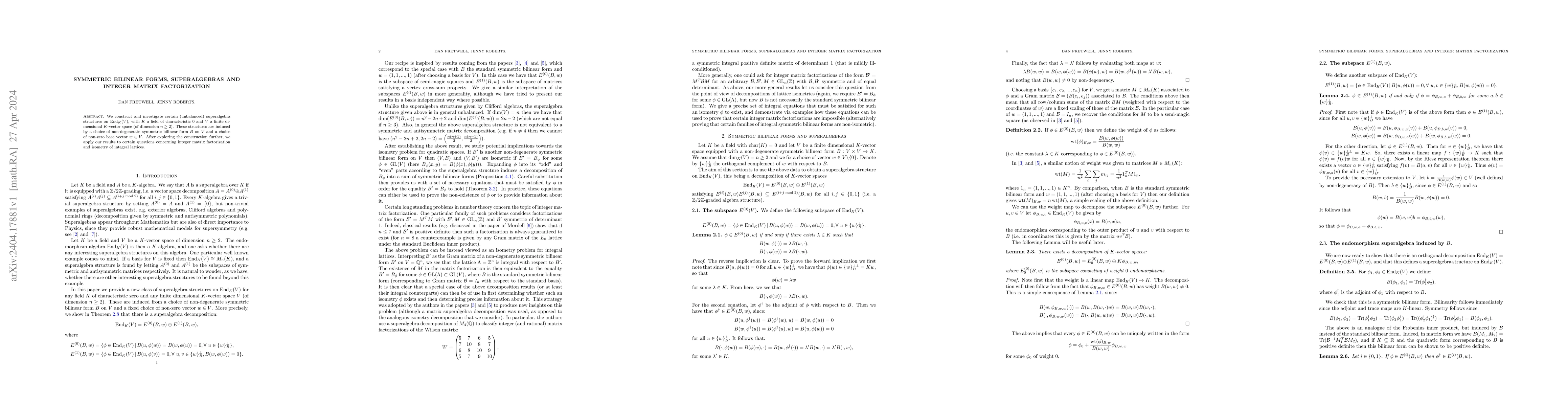 Thumbnail for Symmetric bilinear forms, superalgebras and integer matrix factorization