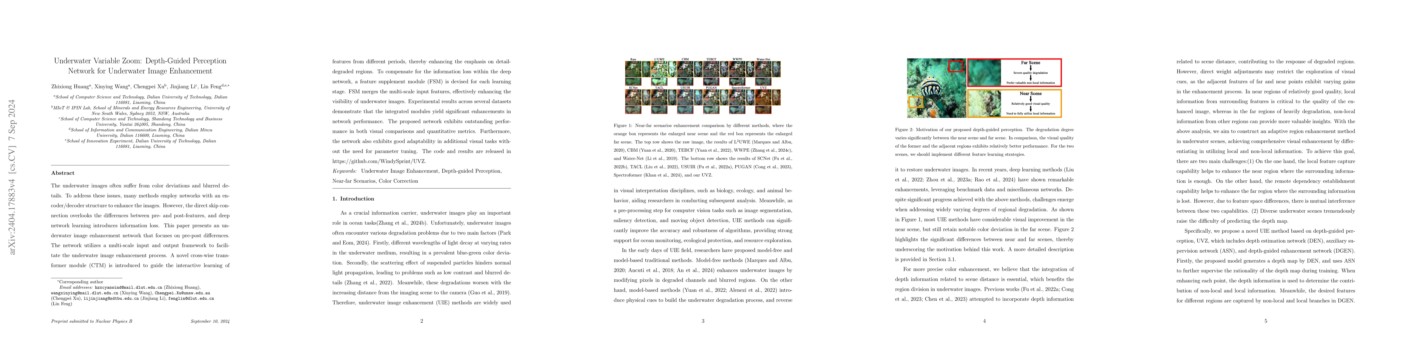Thumbnail for Underwater Variable Zoom: Depth-Guided Perception Network for Underwater
  Image Enhancement