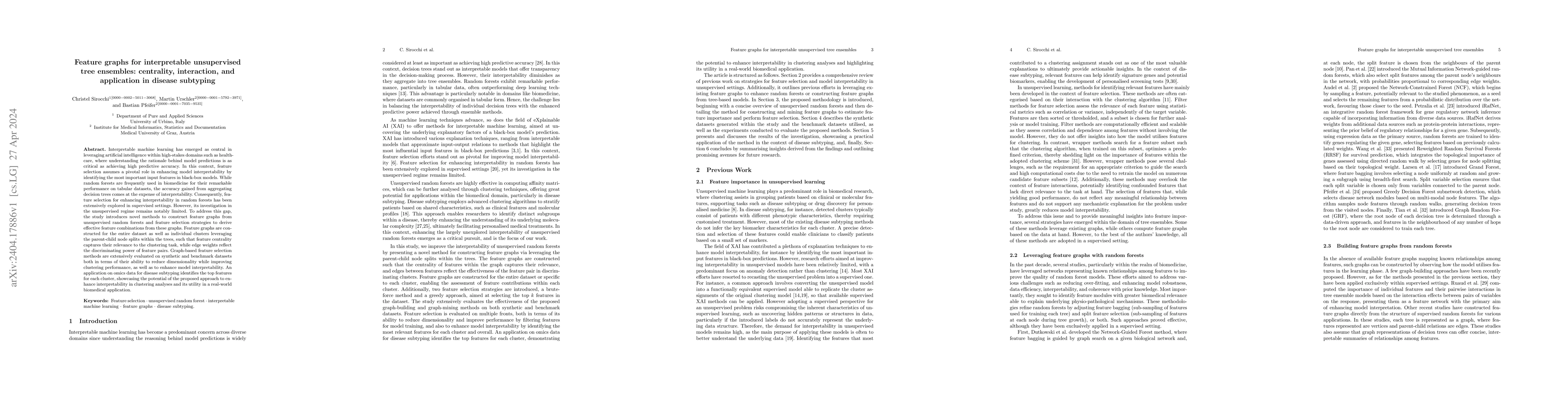 Thumbnail for Feature graphs for interpretable unsupervised tree ensembles:
  centrality, interaction, and application in disease subtyping