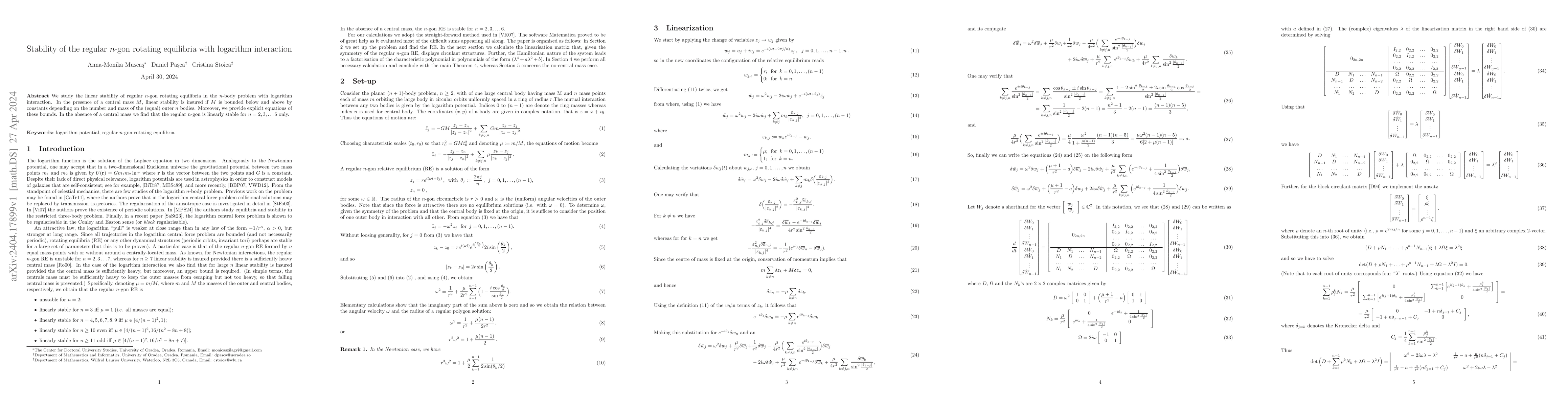 Thumbnail for Stability of the regular $n$-gon rotating equilibria with logarithm
  interaction