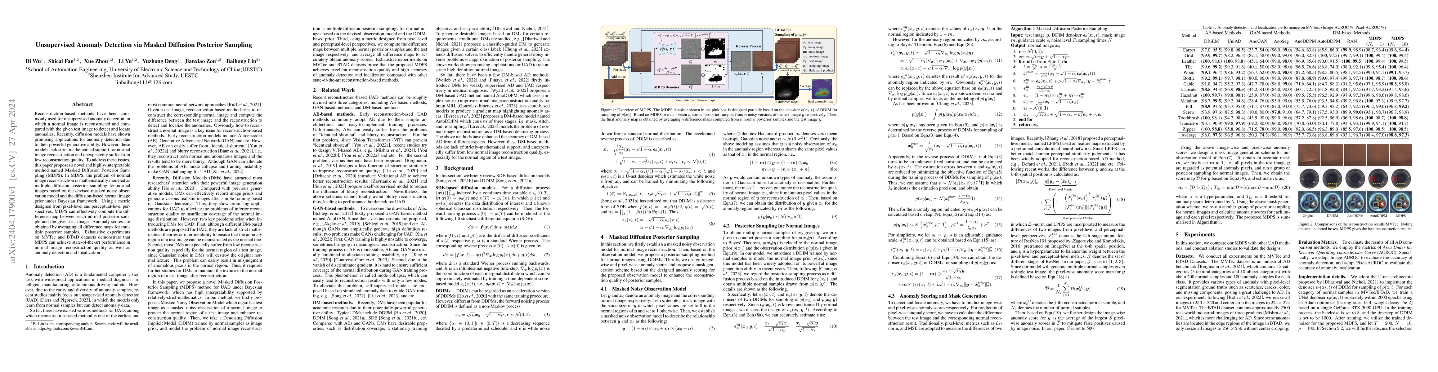 Thumbnail for Unsupervised Anomaly Detection via Masked Diffusion Posterior Sampling