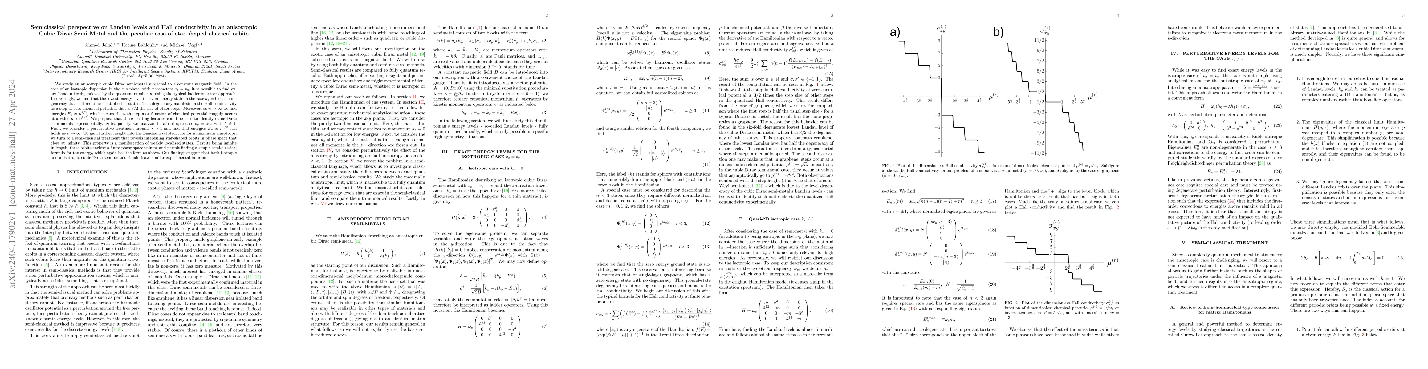 Thumbnail for Semiclassical perspective on Landau levels and Hall conductivity in an
  anisotropic Cubic Dirac Semi-Metal and the peculiar case of star-shaped
  classical orbits