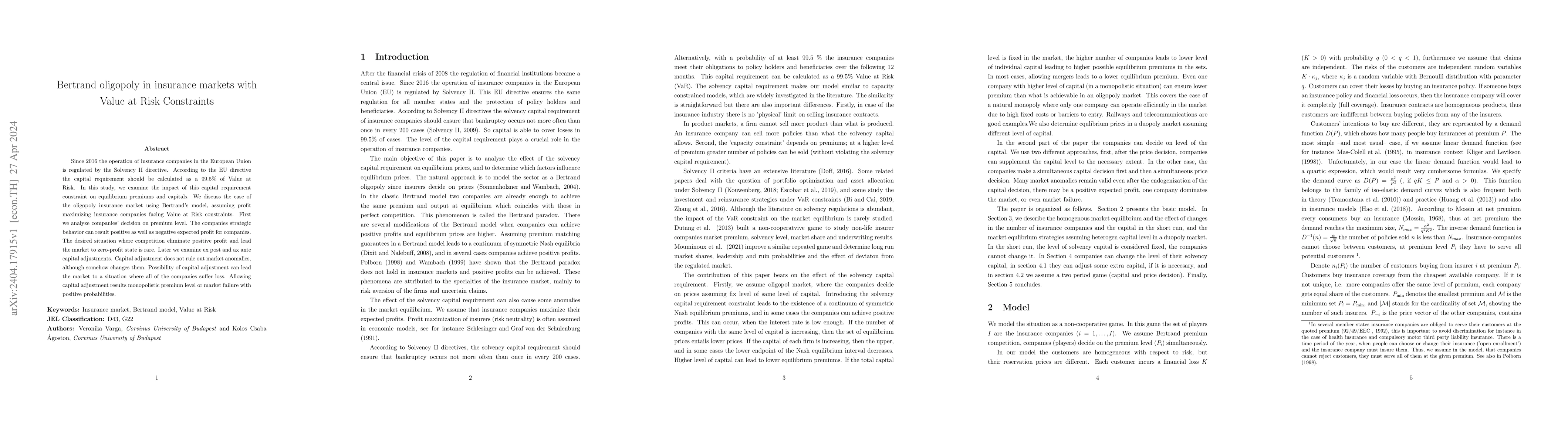 Thumbnail for Bertrand oligopoly in insurance markets with Value at Risk Constraints
