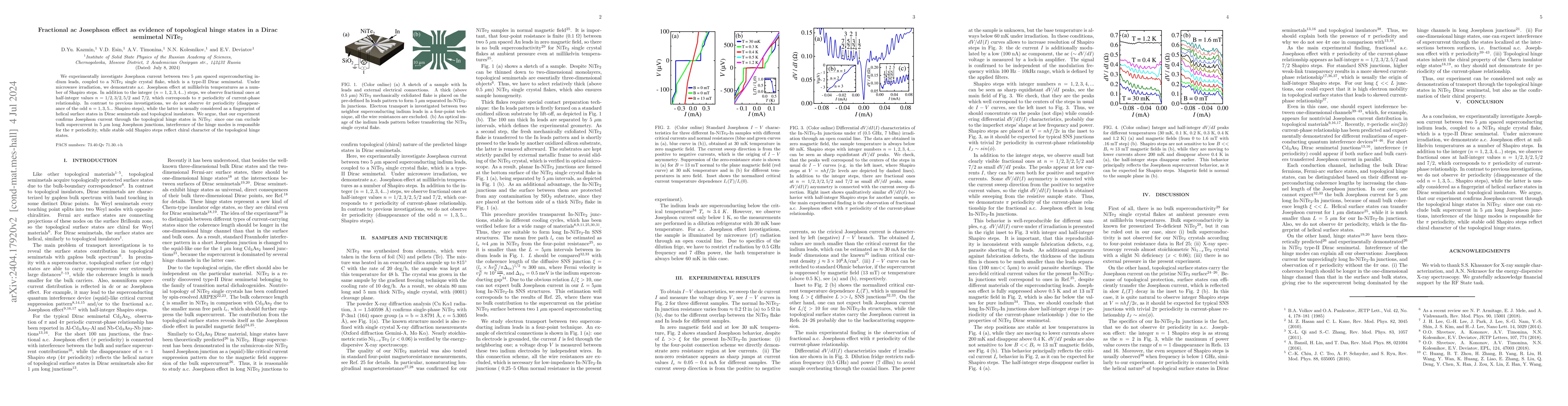 Thumbnail for Fractional ac Josephson effect as evidence of topological hinge states
  in a Dirac semimetal NiTe2