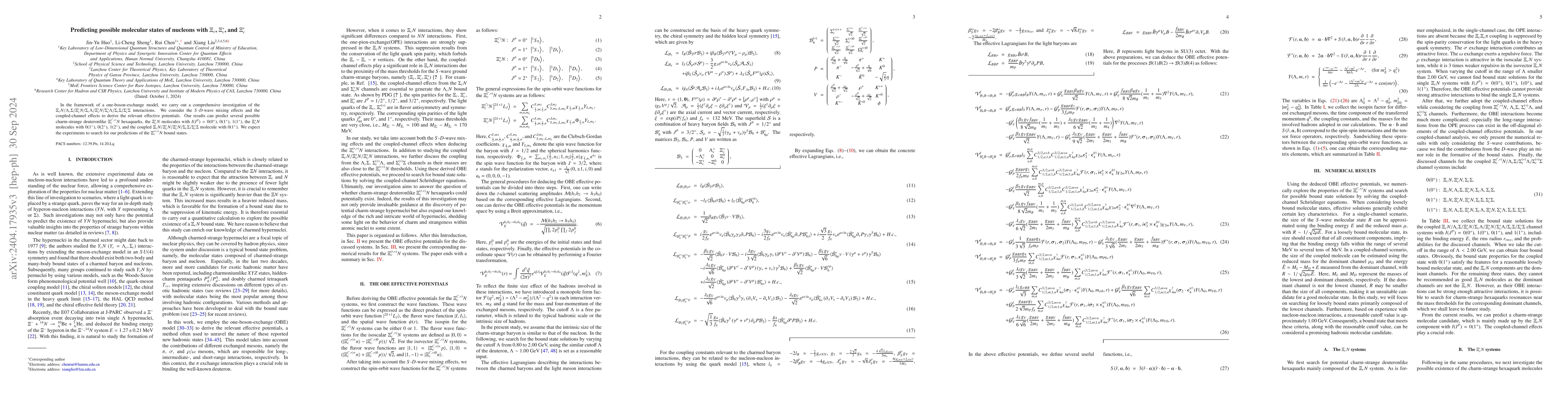 Thumbnail for The $\Xi_c^{(\prime,*)}N$ interactions and the corresponding bound
  states