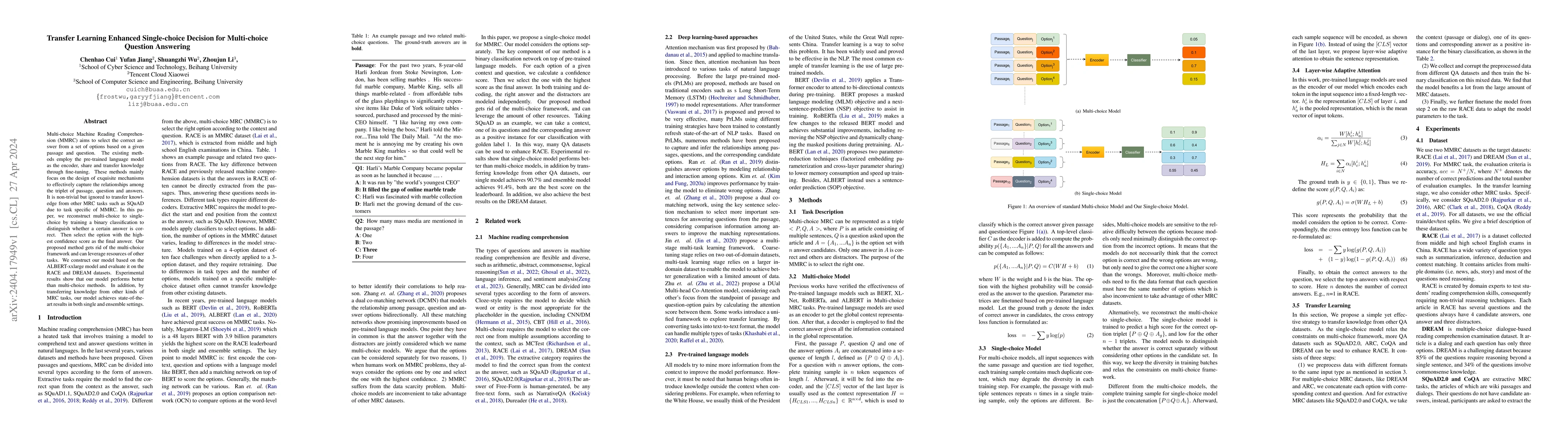 Thumbnail for Transfer Learning Enhanced Single-choice Decision for Multi-choice
  Question Answering