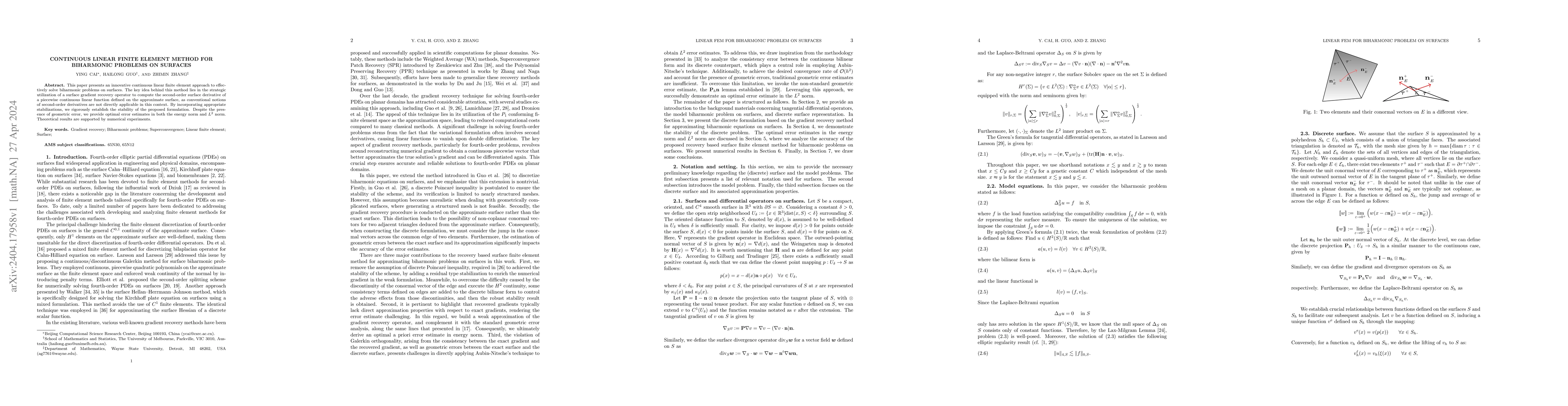 Thumbnail for Continuous Linear Finite Element Method for Biharmonic Problems on
  Surfaces