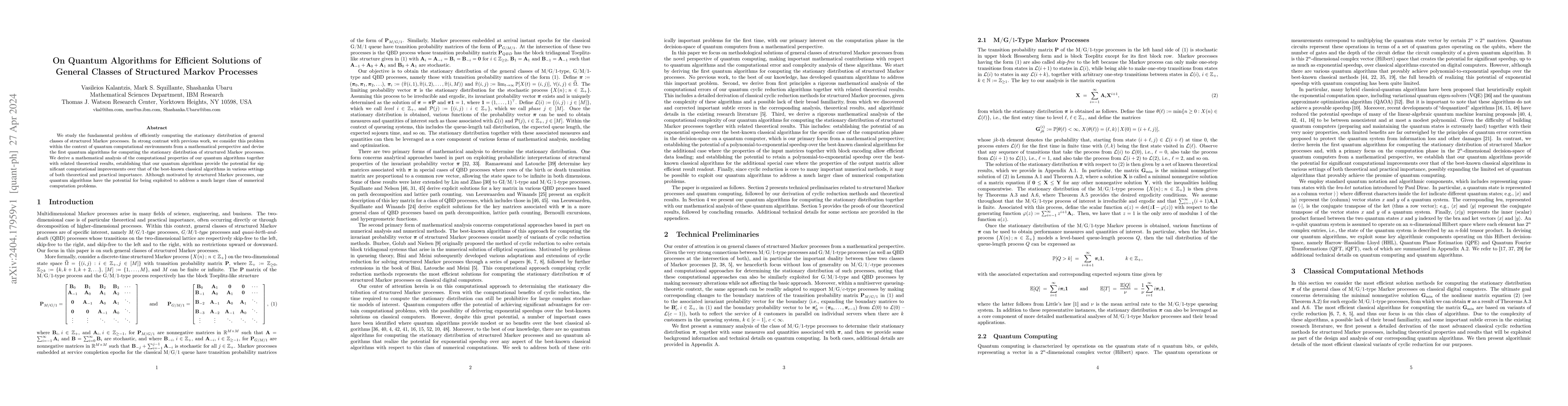 Thumbnail for On Quantum Algorithms for Efficient Solutions of General Classes of
  Structured Markov Processes