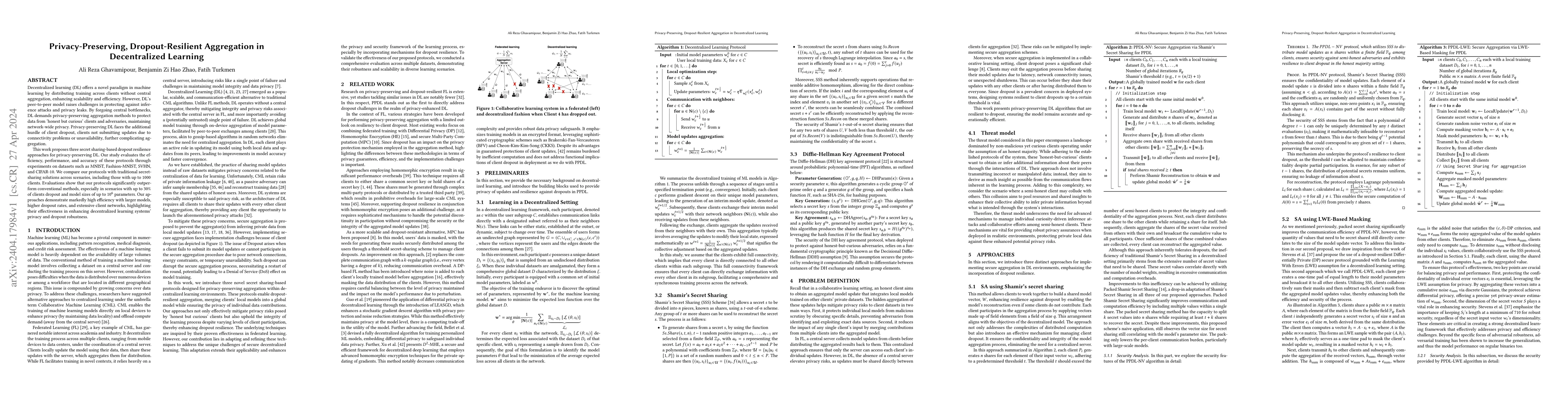 Thumbnail for Privacy-Preserving, Dropout-Resilient Aggregation in Decentralized
  Learning
