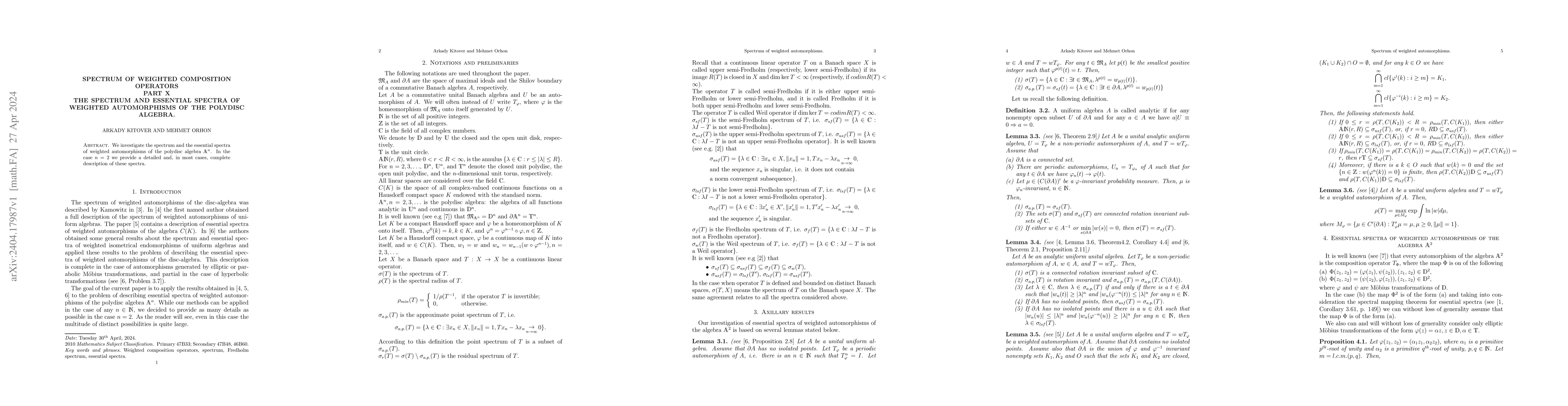 Thumbnail for Spectrum of Weighted Composition Operators. Part X. The spectrum and
  essential spectra of weighted automorphisms of the polydisc algebra