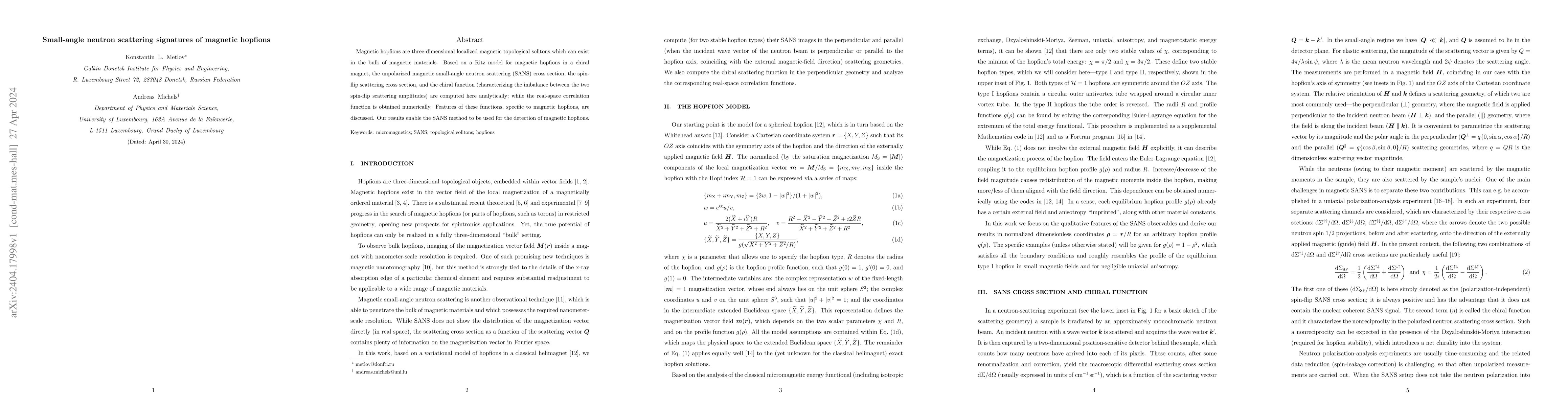 Thumbnail for Small-angle neutron scattering signatures of magnetic hopfions