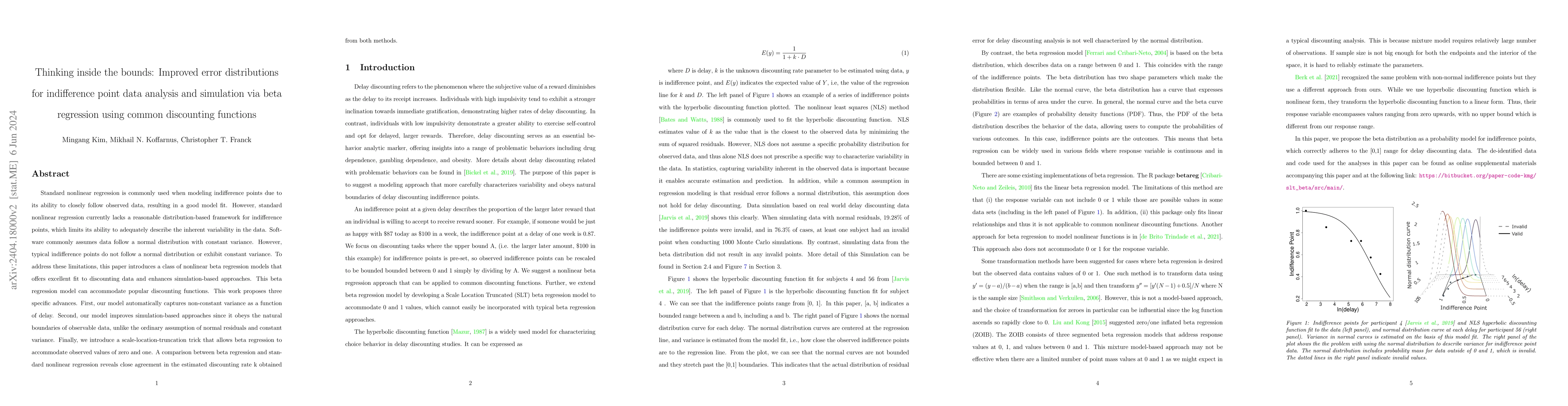 Thumbnail for Thinking inside the bounds: Improved error distributions for
  indifference point data analysis and simulation via beta regression using
  common discounting functions