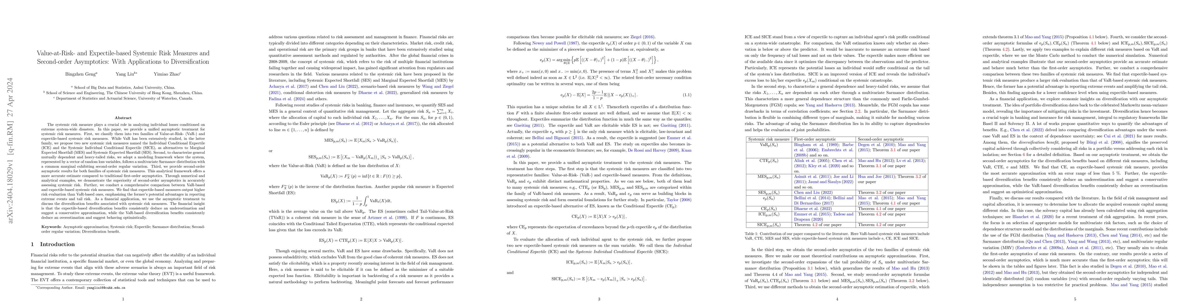 Thumbnail for Value-at-Risk- and Expectile-based Systemic Risk Measures and
  Second-order Asymptotics: With Applications to Diversification