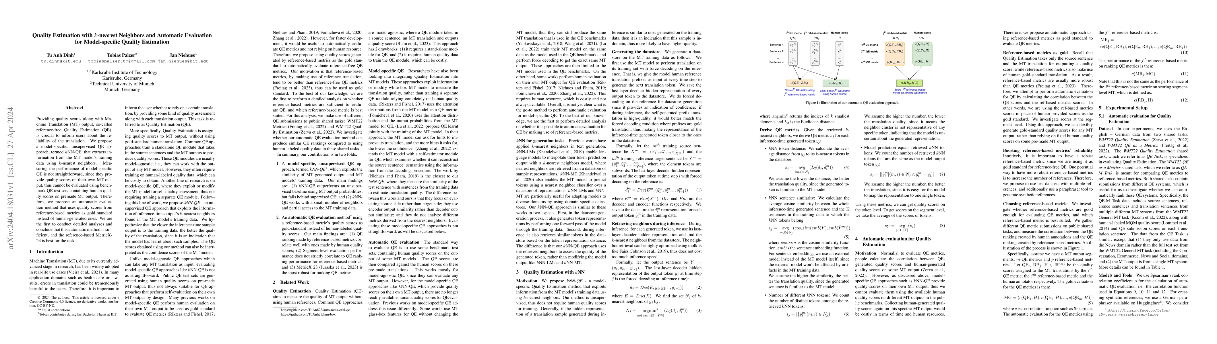 Thumbnail for Quality Estimation with $k$-nearest Neighbors and Automatic Evaluation
  for Model-specific Quality Estimation