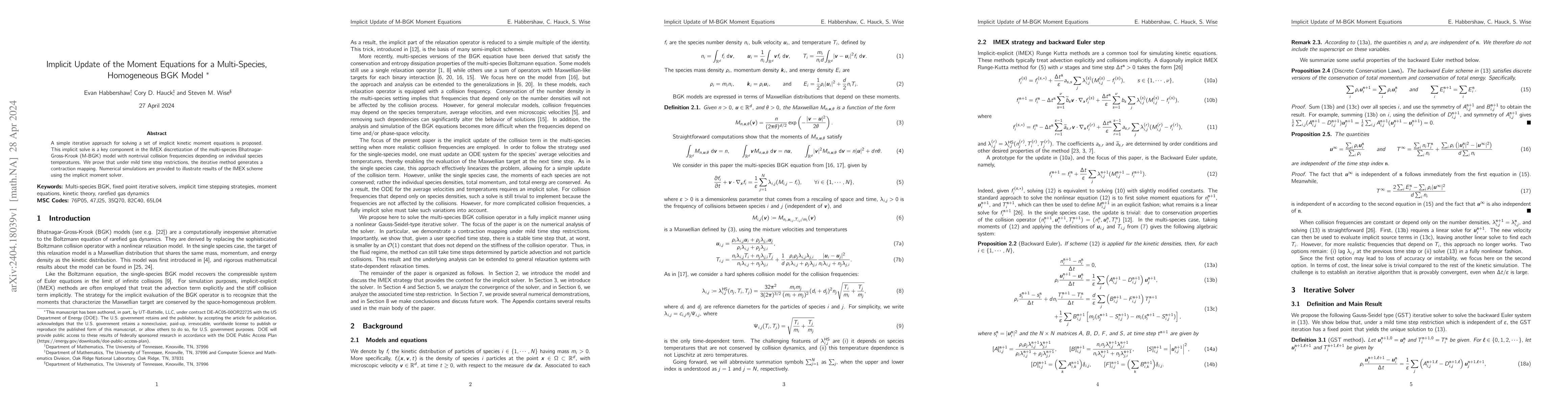 Thumbnail for Implicit Update of the Moment Equations for a Multi-Species, Homogeneous
  BGK Model