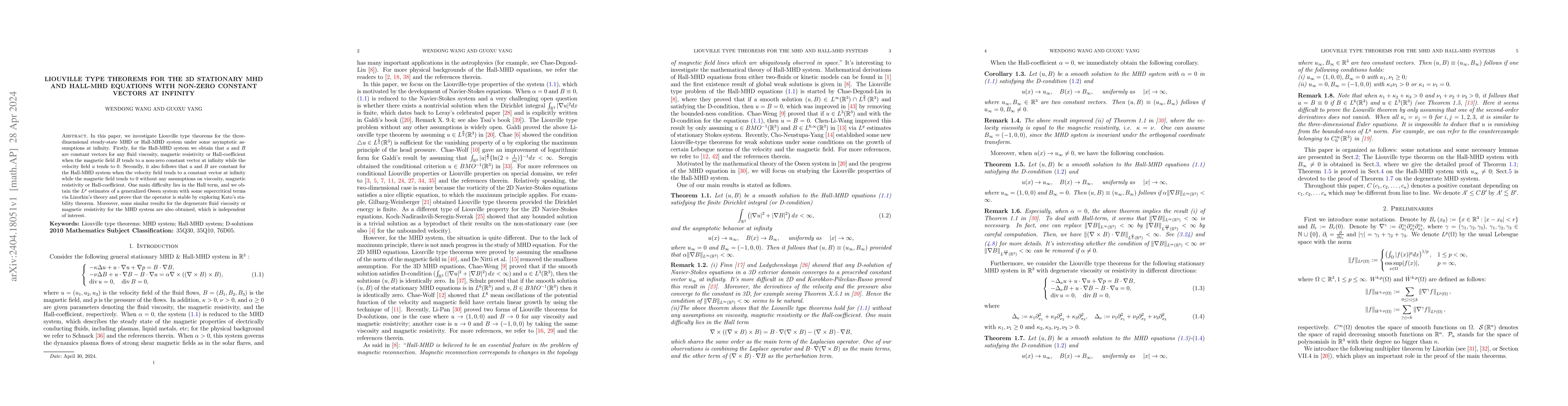 Thumbnail for Liouville type theorems for the 3D stationary MHD and Hall-MHD equations
  with non-zero constant vectors at infinity