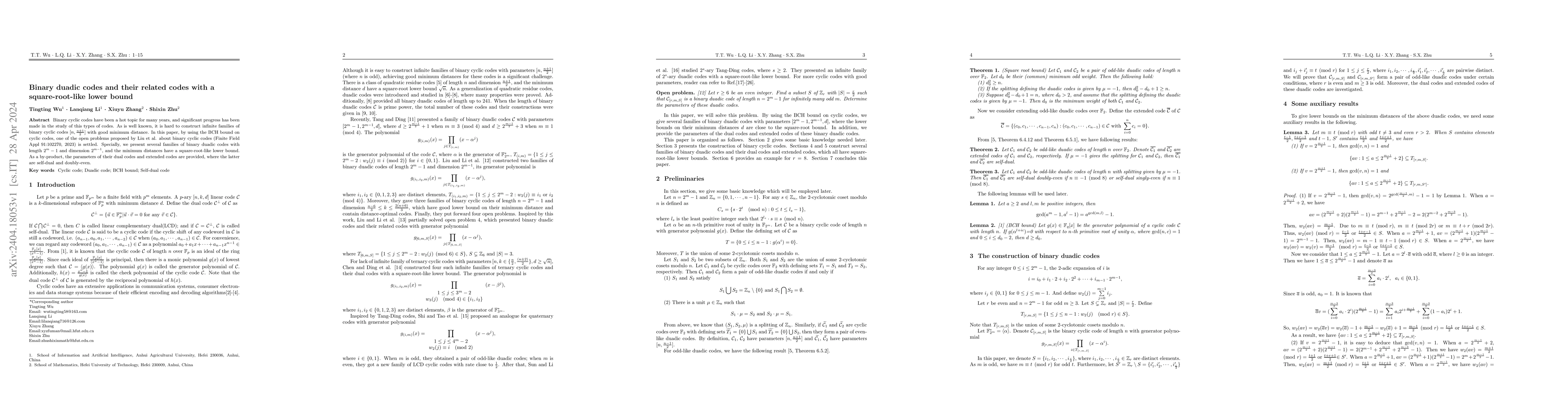 Thumbnail for Binary duadic codes and their related codes with a square-root-like
  lower bound
