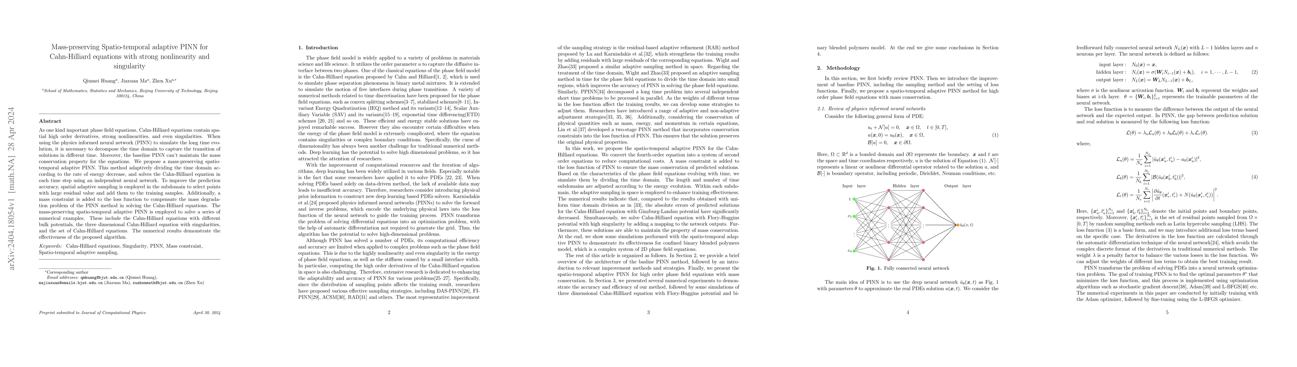 Thumbnail for Mass-preserving Spatio-temporal adaptive PINN for Cahn-Hilliard
  equations with strong nonlinearity and singularity